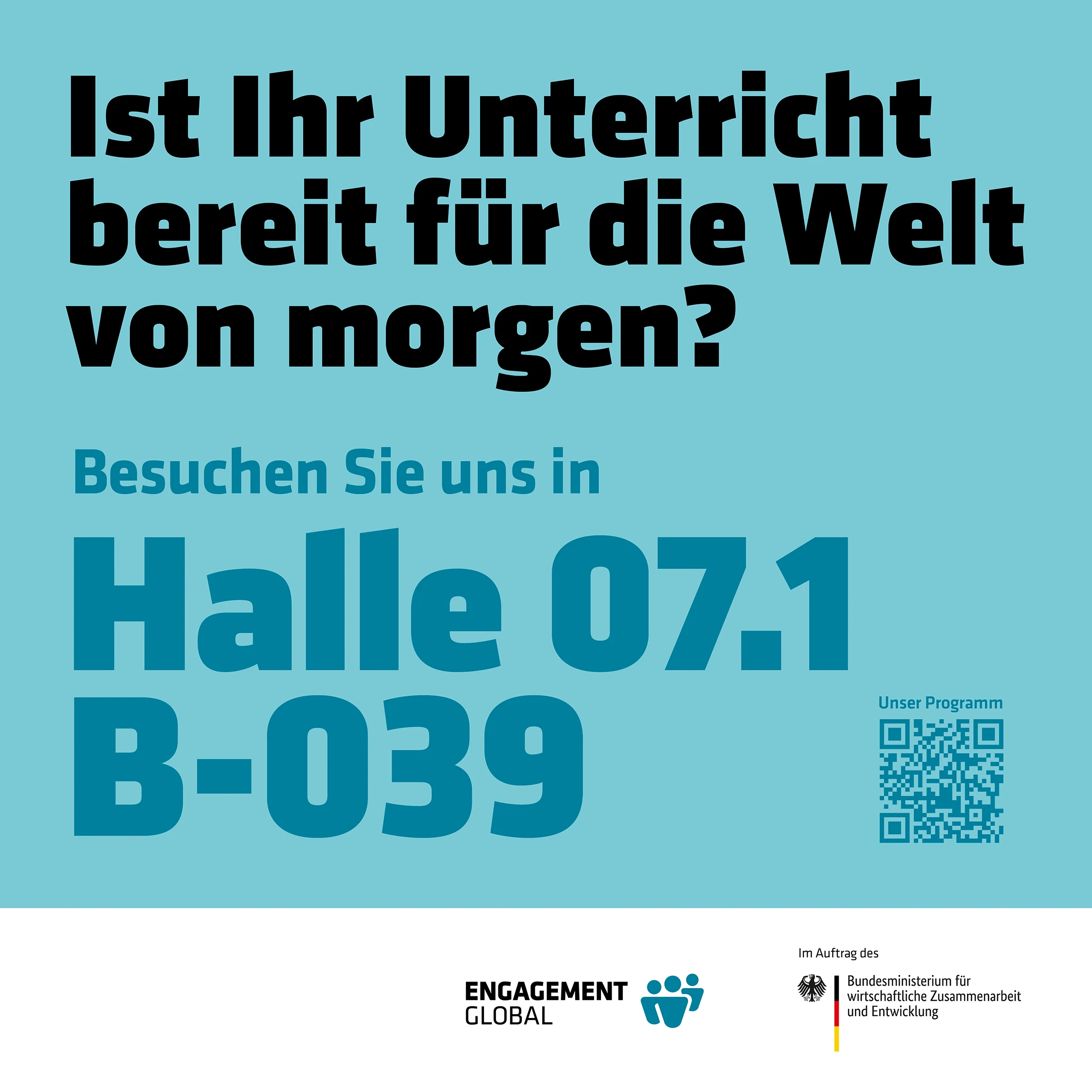 Bodenaufkleber mit dem Standhinweis Halle 07.1 B-039 und QR-Code zum Messeprogramm